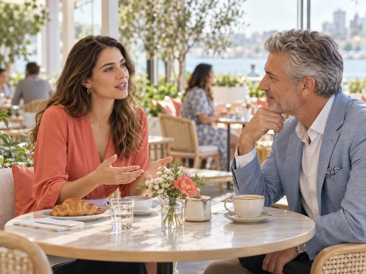 Sugar baby speaking confidently while a sugar daddy listens